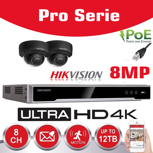 [IPHK-BE-82D-BK] Hikvision IP-Kit 2x Camera 8MP IR / Essential Serie - 2x DS-2CD2183G0-IS Dome Camera IR Standaard 30m - recorder NVR DS-7604NXI-K1/4P 8-kanaals - 2TB Harde Schijf geïnstalleerd