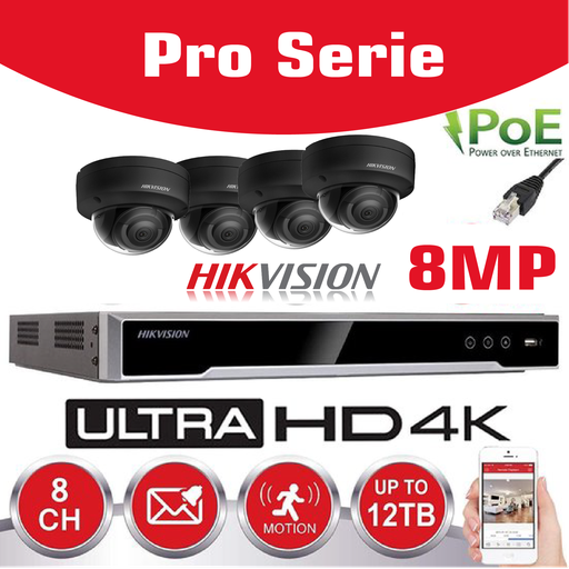 [IPHK-BE-84D-BK] Hikvision IP-Kit 4x Camera 8MP IR / Essential Serie - 4x DS-2CD2183G0-IS Dome Camera IR Standaard 30m - recorder NVR DS-7604NXI-K1/4P 8-kanaals - 2TB Harde Schijf geïnstalleerd