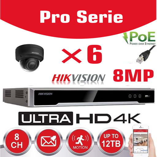 [IPHK-BE-86D-BK] Hikvision IP-Kit 6x Camera 8MP IR / Essential Serie - 6x DS-2CD2183G0-IS Dome Camera IR Standaard 30m - recorder NVR DS-7608NXI-K1/8P 8-kanaals - 4TB Harde Schijf geïnstalleerd