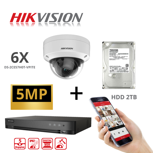 [TVIKIT5MPVPIT-6] KIT HIKVISION 5 MP HDTVI Full HD 4K DVR 8 canaux H.265 + 6x Camera Dome  5MP DS-2CE57HOT-VPIT 2.8mm + disque dur 2 To