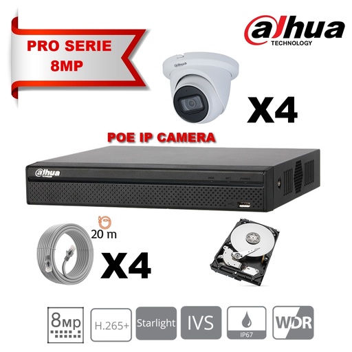 [IPDH-LT8M-4T] DAHUA Lite Kit Serie IP 8MP  4x Camera Turret Vast 2.8mm-IR 30M + 8 Kanalen POE NVR + 2TB harde schijf speciale bewaking
