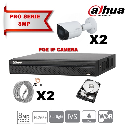 [IPDH-LT8M-2B] DAHUA Lite Kit Serie  IP 8MP 2x Camera Bullet  Fixed 2.8mm-IR 30M  + 8 Channels POE NVR + 2Tb Hard Disk Special Surveillance