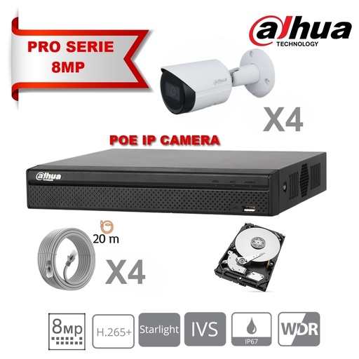 [IPDH-LT8M-4B] DAHUA Lite Kit Serie IP 8MP 4x Caméra Bullet DH-IPC-HFW2831SP-S-S2 Fixe 2.8mm-IR 30M + 8 Canaux POE NVR + Disque dur 2 To spécial surveillance