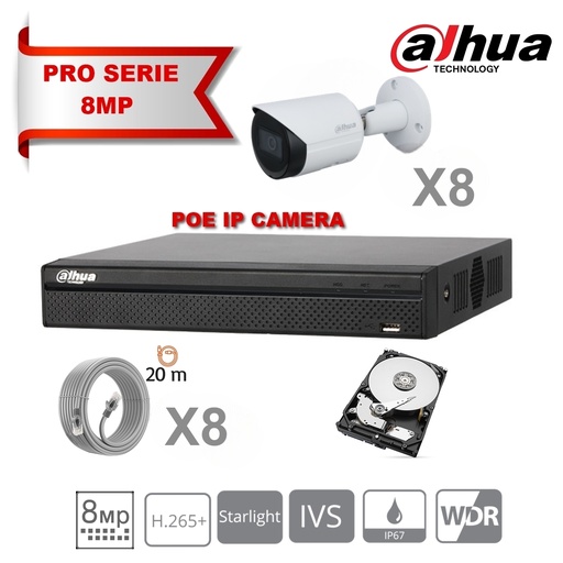 [IPDH-LT8M-8B] DAHUA Lite Kit Serie IP 8MP 8x Bullet Camera DH-IPC-HFW2831TP-AS-S2 Vaste 2,8 mm IR 30 m + 8 kanalen POE NVR + 4TB harde schijf speciale bewaking