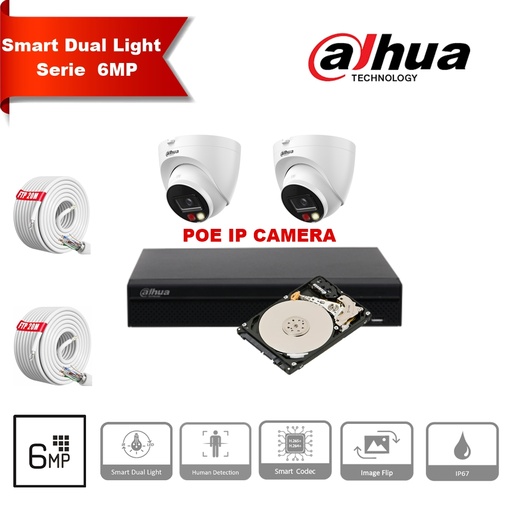 [IPDH-DL6M-2T] DAHUA Smart Dual Light-serie 30m IP-camerakit - 2x 6 megapixel 2,8 mm cameratorentjes + 8 kanalen POE NVR + 2 TB max. 8x camera