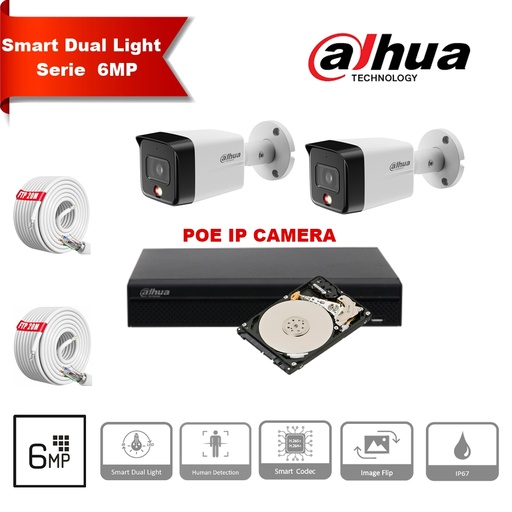[IPDH-DL6M-2B] DAHUA Smart Dual Light-serie 30m IP-camerakit - 2x 6 megapixel 2,8 mm camerabullet + 8 kanalen POE NVR + 2 TB max. 8x camera