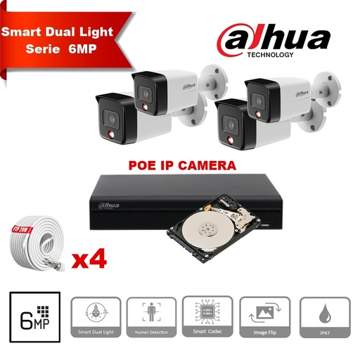 [IPDH-DL6M-4B] DAHUA Smart Dual Light-serie 30m IP-camerakit - 4x 6 megapixel 2,8 mm camerabullet + 8 kanalen POE NVR + 2 TB max. 8x camera