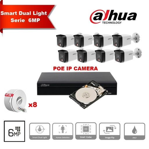 [IPDH-DL6M-8B] Kit de caméras IP DAHUA Smart Dual Light Series 30 m : 8 caméras Bullet 6 mégapixels 2,8 mm + 8 canaux POE NVR + 4 To 