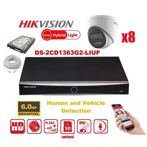 [IPMD-6M-8T] HIKVISION Camera Kit Smart Hybrid G2 Series  8x IP Camera Turret 6MP -   NVR 8xChannel - Hard Disk 4Tb Extensible To Max 8x IP Camera
