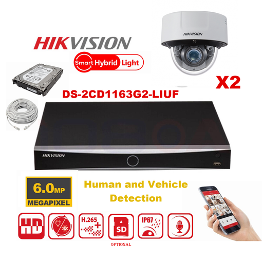 [IPMD-6M-2D] HIKVISION Camera Kit Smart Hybrid G2 Series  2x IP Camera Dome 6MP -   NVR 4xChannel POE Acusense- Hard Disk 2Tb