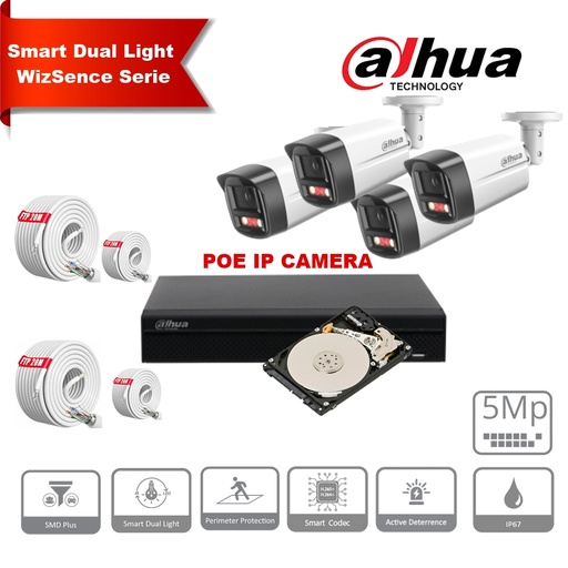 [IPDH-DLW4B-5M] Kit de caméras IP DAHUA Smart Dual Light WizSense Active Deterrence  Series 30 m - 4 caméras Bullet 5 mégapixels 2,8 mm + NVR POE 8 canaux + 2 To max. 8 caméras 