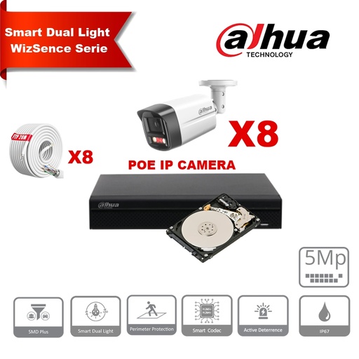 [IPDH-DLW8B-5M] DAHUA Smart Dual Light WizSense-serie Active Deterrence 30m IP-camerakit - 8x 5 megapixel 2,8 mm camerabullet + 8 kanalen POE NVR + 4 TB 