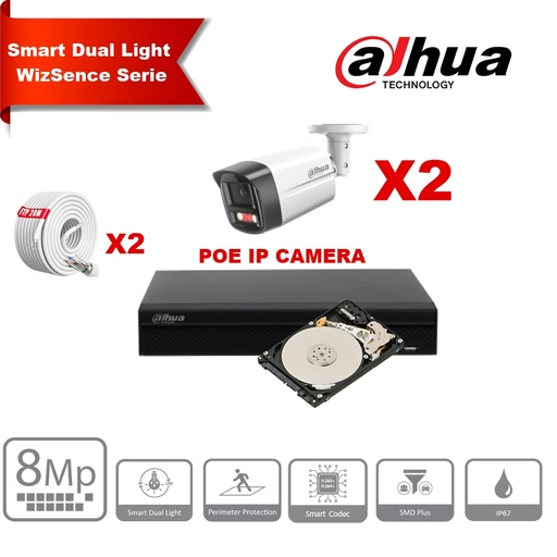 [IPDH-DLW2B-8M] DAHUA Smart Dual Light WizSense Series 30m IP Camera Kit - 2x 8 Megapixel 2.8mm Camera Bullet + 8 Channels POE NVR + 2TB Max 8x Camera