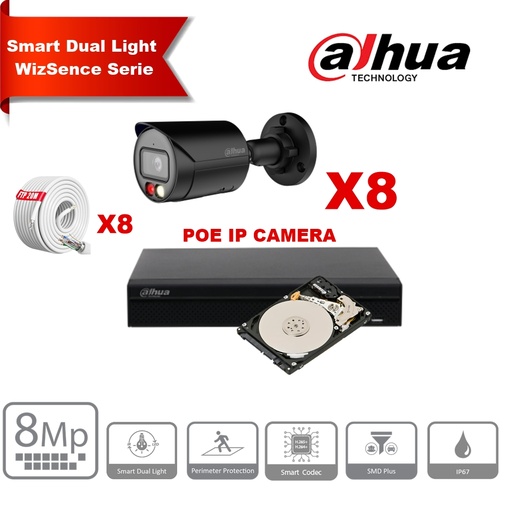 [IPDH-DLW8BB-8M] DAHUA Smart Dual Light WizSense-serie  30m IP-camerakit - 8x 8 megapixel 2,8 mm camerabullet Zwart+ 8 kanalen POE NVR + 4 TB 