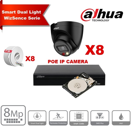 [IPDH-DLW8TB-8M] DAHUA Smart Dual Light WizSense Series 30m IP Camera Kit - 8x 8 Megapixel 2.8mm Camera Turret  Black+ 8 Channels POE NVR + 4TB  