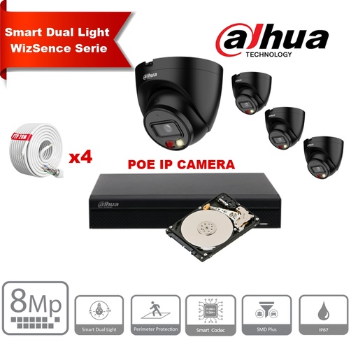 [IPDH-DLW4TB-8M] DAHUA Smart Dual Light WizSense-serie  30m IP-camerakit - 4x 8 megapixel 2,8 mm Torencamera IPC-HDW2849T-S-IL  + 8 kanalen POE NVR + 2 TB max. 8x camera