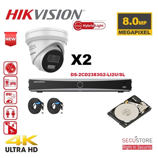 [IPAC-G2H-2T-WH] HIKVISION Camera Kit Acusense - Smart Hybrid Light e - 2x IP Camera Turret 4k-8MP Active Strobe Light and Audio Alarm - NVR Acusense NXI Series 4xChannel with POE - Hard Drive 2TB Expandable up to 4x IP Cameras 