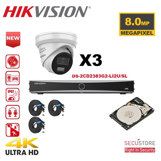 [IPAC-G2H-3T-WH] HIKVISION Camera Kit Acusense - Smart Hybrid Light e - 3x IP Camera Turret 4k-8MP Actief stroboscooplicht en audio-alarm - NVR Acusense NXI Serie 4xChannel met POE - Harde schijf 2TB Uitbreidbaar tot maximaal 4x IP-camera