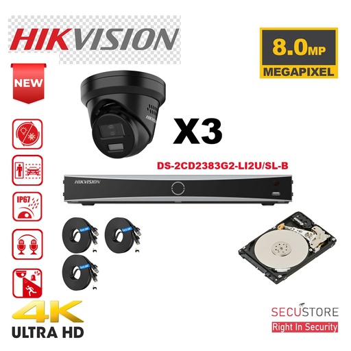 [IPAC-G2H-3T-BL] HIKVISION Camera Kit Acusense - Smart Hybrid Light e - 3x IP Camera Turret 4k-8MP ZWART Actief stroboscooplicht en audio-alarm - NVR Acusense NXI Serie 4xChannel met POE - Harde schijf 2TB Uitbreidbaar tot maximaal 4x IP-camera