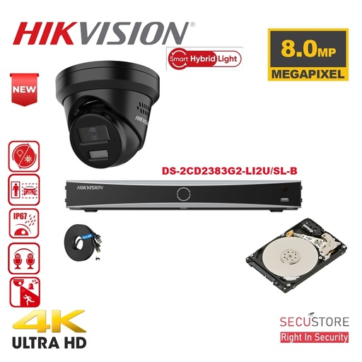 HIKVISION Acusense Camera Kit Up to 8x - Smart Hybrid Lighting - 4K-8MP Black IP Turret Camera with Active Strobe Light and Audio Alarm - Dual Microphones - Acusense NXI Series 4x Channel NVR with PoE for up to 8x IP Cameras 