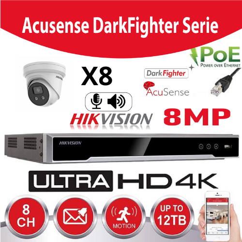 [IPDF-8M-8T] Kit IP Hikvision Accusense G2 8 x DS-2CD2386G2-IU 8MP Darkfighter / Acusense Audio Turret Camera - enregistreur NVR 8 canaux DS-7608NXI-K1/8P - Disque dur 4 To installé